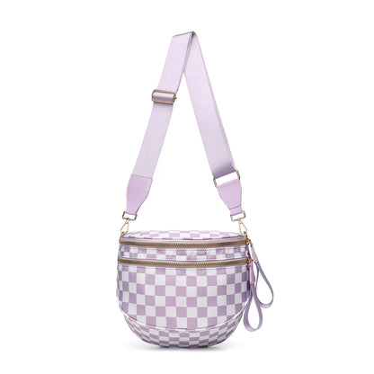 Trendy checkerboard double zipper crossbody bag, lightweight waterproof fabric+premium gold buckle embellishment, double-layer