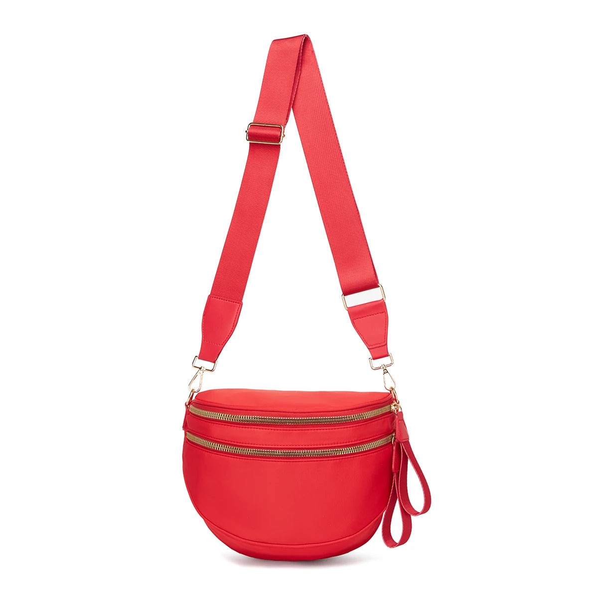 Trendy checkerboard double zipper crossbody bag, lightweight waterproof fabric+premium gold buckle embellishment, double-layer