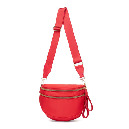 Trendy checkerboard double zipper crossbody bag, lightweight waterproof fabric+premium gold buckle embellishment, double-layer