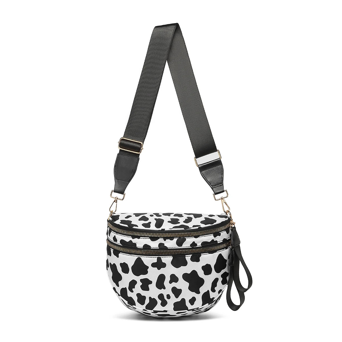 Trendy checkerboard double zipper crossbody bag, lightweight waterproof fabric+premium gold buckle embellishment, double-layer