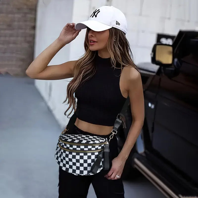 Trendy checkerboard double zipper crossbody bag, lightweight waterproof fabric+premium gold buckle embellishment, double-layer