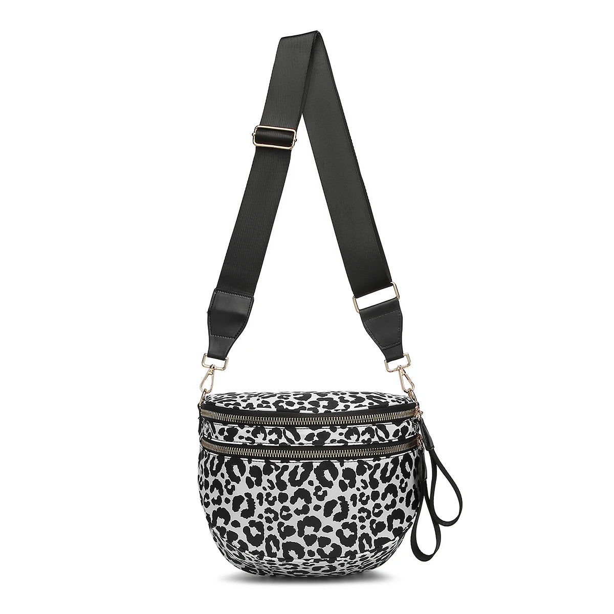 Trendy checkerboard double zipper crossbody bag, lightweight waterproof fabric+premium gold buckle embellishment, double-layer