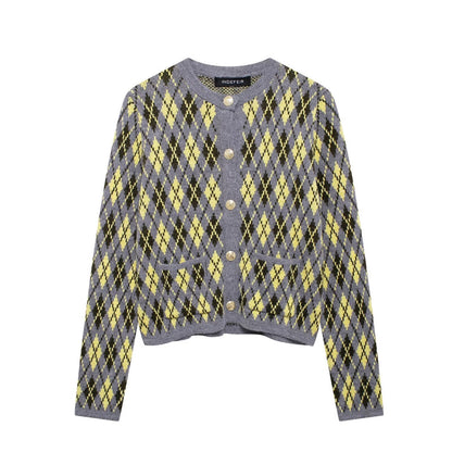 Alma | Argyle Knit Button-Front Cardigan